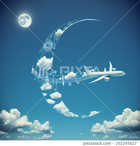Airplane draw notes on blue sky with white trace, abstract musical illustration Airplane draw notes on blue sky with white trace, abstract musical illustration 102293827