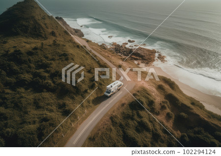 Aerial view ocean coast and recreational vehicle Aerial view ocean coast and recreational vehicle 102294124