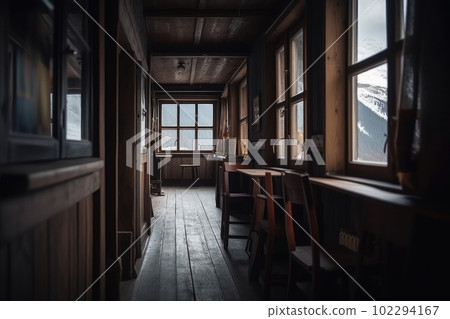 Interior of wooden cottage in mountains. Generative AI Interior of wooden cottage in mountains. Generative AI 102294167
