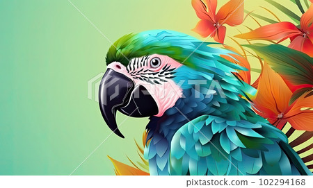 Tropical wallpaper banner with exotic parrot on vivid background. Generative AI Tropical wallpaper banner with exotic parrot on vivid background. Generative AI 102294168