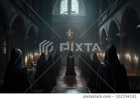 Secret society ceremony. Sect members at dark hall. Generative AI 102294181
