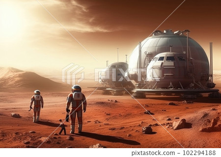 Astronauts wearing space suits walking on red planet. Generative AI 102294188