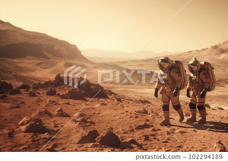 Astronauts wearing space suits walking on red planet. Generative AI 102294189