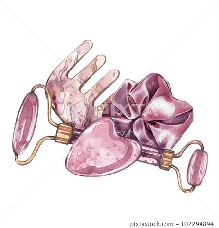 Massager comb, roller gua sha, hair bow isolated on white background. Watercolor hand drawn illustration. Art for design Massager comb, roller gua sha, hair bow isolated on white background. Watercolor hand drawn illustration. Art for design 102294894