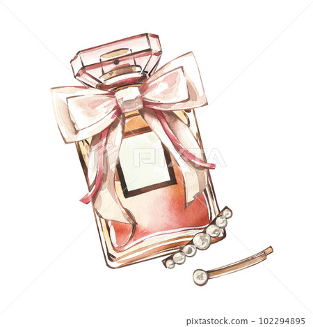 Golden glass perfume bottle with silk bow, hairpin isolated on white. Watercolor hand drawn illustration. Art for design Golden glass perfume bottle with silk bow, hairpin isolated on white. Watercolor hand drawn illustration. Art for design 102294895