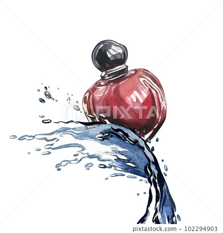 Red glass perfume bottle with water splashing isolated on white background. Watercolor handrawn illustration. Art design Red glass perfume bottle with water splashing isolated on white background. Watercolor handrawn illustration. Art design 102294903