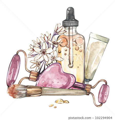 Massager gua sha, oil skin care, brush, flowers isolated on white. Watercolor hand drawing illustration. Art for design Massager gua sha, oil skin care, brush, flowers isolated on white. Watercolor hand drawing illustration. Art for design 102294904