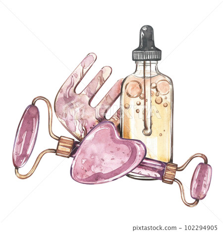 Massager gua sha, oil skin and hair care, flowers isolated on white. Watercolor hand drawn illustration. Art for design Massager gua sha, oil skin and hair care, flowers isolated on white. Watercolor hand drawn illustration. Art for design 102294905