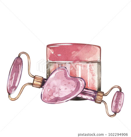 Massager roller gua sha, jar of cream skin care isolated on white. Watercolor hand drawing illustration. Art for design Massager roller gua sha, jar of cream skin care isolated on white. Watercolor hand drawing illustration. Art for design 102294906