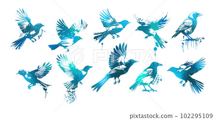 Set of blue flying watercolor birds. Vector illustration 102295109