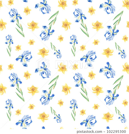 Seamless watercolor pattern with narcissus and iris on white background. Can be used for fabric prints, gift wrapping paper, kitchen textile. Seamless watercolor pattern with narcissus and iris on white background. Can be used for fabric prints, gift wrapping paper, kitchen textile. 102295300