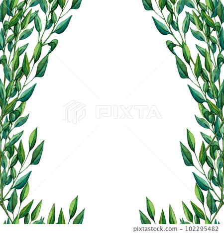 A branch with green leaves. Element for decorative forest design. Woodland nature illustration for kids design, postcards, poster and print. Clip art for nursery design. A branch with green leaves. Element for decorative forest design. Woodland nature illustration for kids design, postcards, poster and print. Clip art for nursery design. 102295482