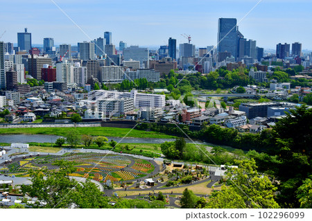 A bird's-eye view of the main site of the "Fair of Flowers and Forests - Mirai no Mori Sendai 2023" from the main ruins of Aobayama Castle, the large flower bed and the city A bird's-eye view of the main site of the "Fair of Flowers and Forests - Mirai no Mori Sendai 2023" from the main ruins of Aobayama Castle, the large flower bed and the city 102296099