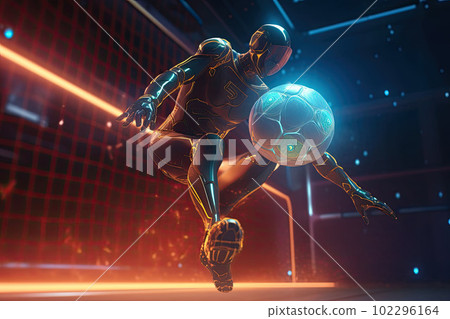 The robot plays football. A futuristic soccer player playing with glowing soccer ball. Generative AI 102296164