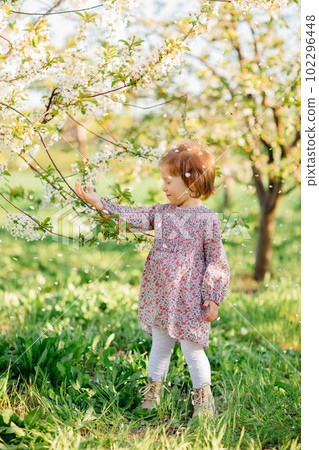a pretty kid girl in a violet dress in a spring garden 102296448
