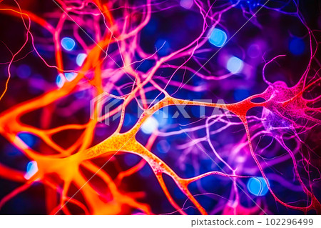 An image of neurons involved in the processing of pain modulation, such as those in the periaqueductal gray. Generative Ai. 102296499