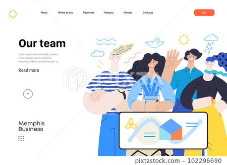 Memphis business illustration - our team, header. Flat style modern outlined vector concept illustration. Group of people, creaw, standing together. Corporate teamwork business metaphor. 102296690