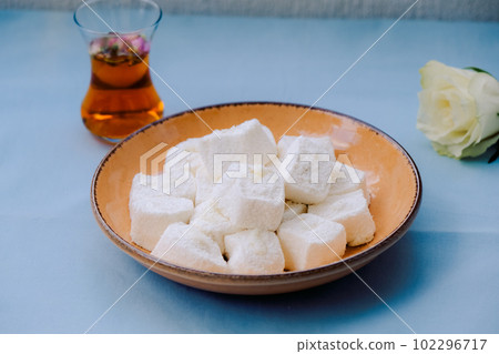 Traditional Afyon kaymak Lokum with cream. Turkish delight. 102296717