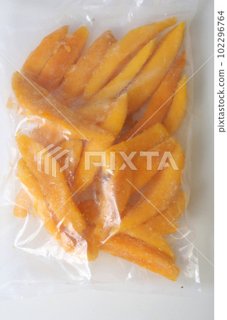 slices of yellow mango closeup photo in plate on white background 102296764