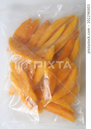 slices of yellow mango closeup photo in plate on white background 102296803