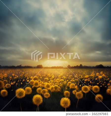 Dandelion meadow at dawn. Yellow dandelion field under a cloudy sky. AI-generated Dandelion meadow at dawn. Yellow dandelion field under a cloudy sky. AI-generated 102297081
