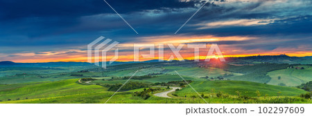 Colorful Tuscany landscape at sunrise 102297609