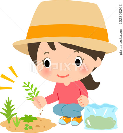 A woman wearing a hat weeding 102298268