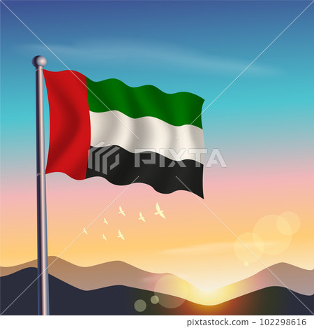 United Arab Emirates flag with mountains and morning 102298616