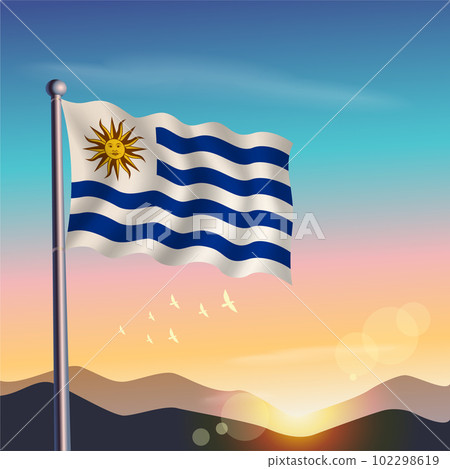 Uruguay flag with mountains and morning Uruguay flag with mountains and morning 102298619