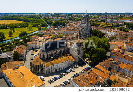 Aerial view of Saintes on Charente river with medieval cathedral, France Aerial view of Saintes on Charente river with medieval cathedral, France 102299022