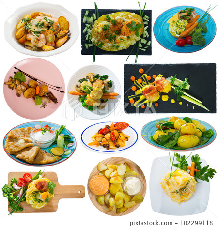 Assorted potato dishes on a white background Assorted potato dishes on a white background 102299118