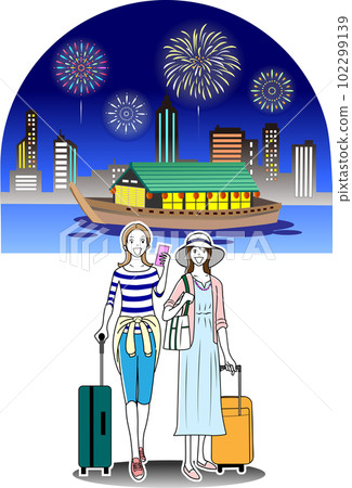 Female tourist on a houseboat Female tourist on a houseboat 102299139