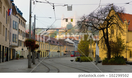 Early morning in center of Bratislava with tramline Early morning in center of Bratislava with tramline 102299502
