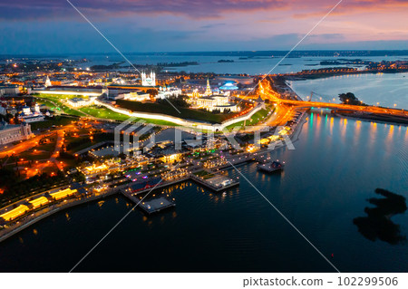 Aerial view of evening Kazan Kremlin and the Volga river embankment. Kazan. Russia 102299506