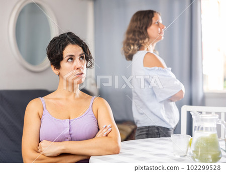 Offended girlfriends ignoring each other after quarrel 102299528