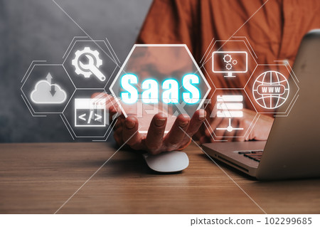 SaaS - software as a service, Businesman hand working on laptop to synchronize on SaaS host server to working on system for technology and business concept 102299685