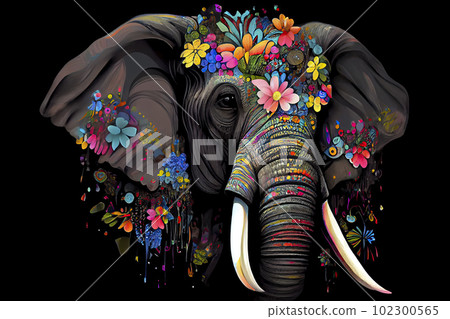 Psychedelic elephant head and large, wrapped in flowers 102300565
