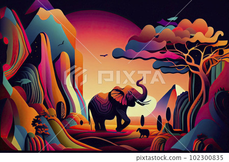 Psychedelic landscape with elephants 102300835