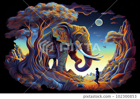 Psychedelic landscape with elephants 102300853
