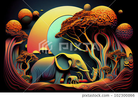 Psychedelic landscape with elephants 102300866