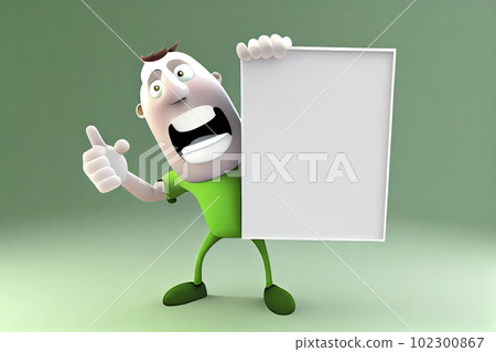 Happy young man holding/showing/displaying white blank board/banner/poster 102300867