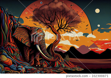 Psychedelic landscape with elephants 102300871