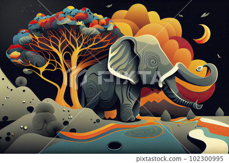 Psychedelic landscape with elephants 102300995