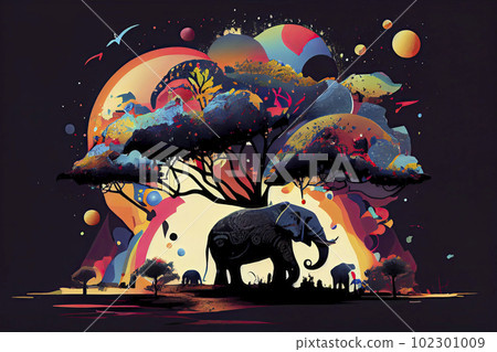 Psychedelic landscape with elephants 102301009