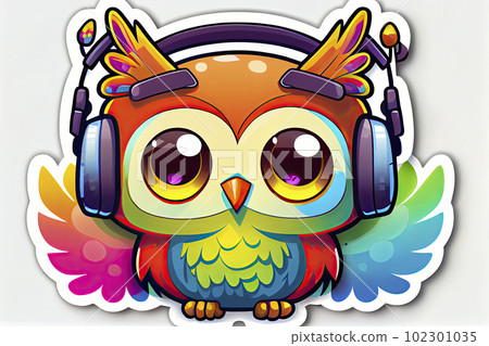 sticker, Happy Colorful Owl wearing Headohones 102301035