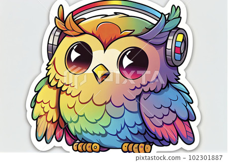 sticker, Happy Colorful Owl wearing Headohones 102301887