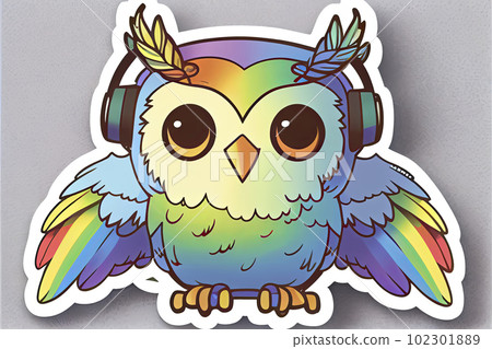 sticker, Happy Colorful Owl wearing Headohones sticker, Happy Colorful Owl wearing Headohones 102301889