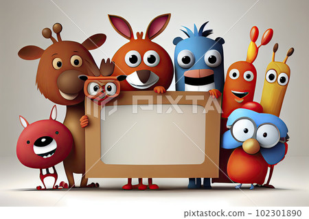 3D team of happy people cartoon holding blank sign. 3D animal background 3D team of happy people cartoon holding blank sign. 3D animal background 102301890