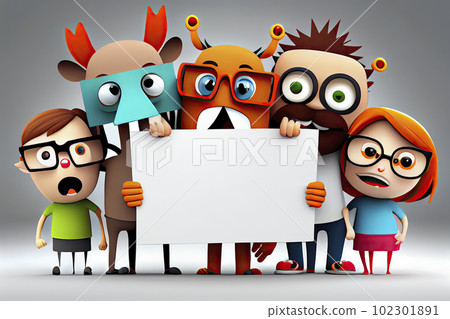 3D team of happy people cartoon holding blank sign. 3D animal background 3D team of happy people cartoon holding blank sign. 3D animal background 102301891