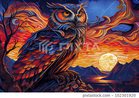 A majestic OWL with piercing blue eyes stands atop a mountain A majestic OWL with piercing blue eyes stands atop a mountain 102301920